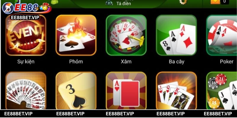Giao diện sảnh game bài của EE88 với nhiều lựa chọn phong phú